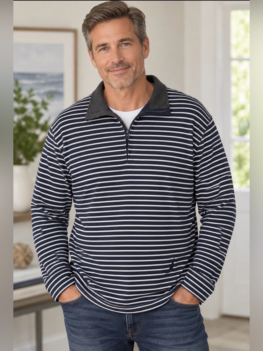 Nautica Men’s Navy Blue Striped Quarter Zip Sweatshirt Pullover